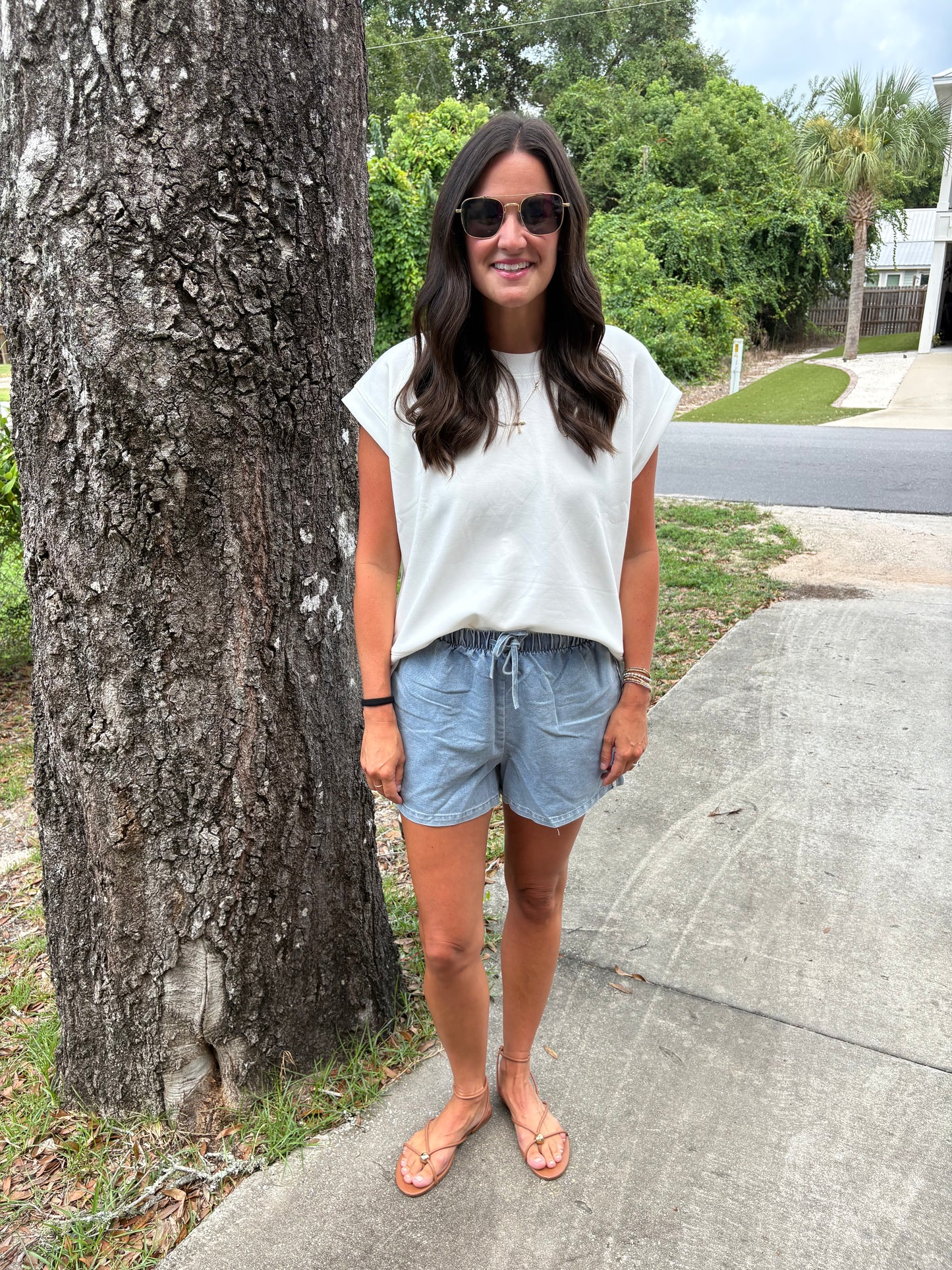 Cambridge Denim with Lace Detail Pull on Shorts