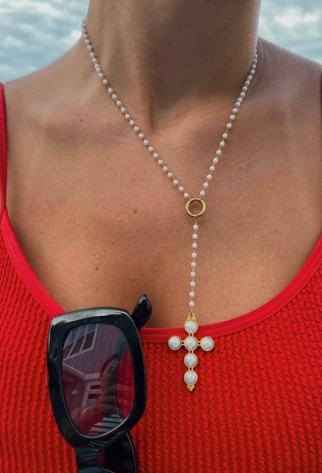 Pre-Order Lariat Pearl Cross Necklace