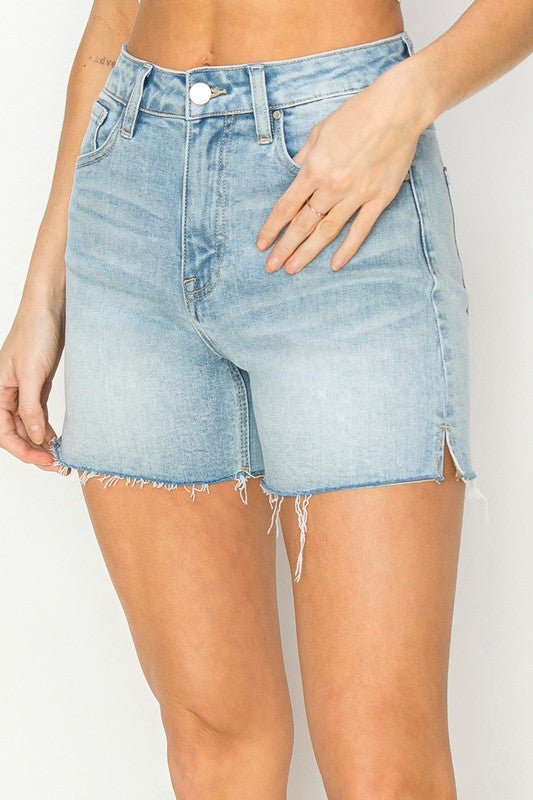 Risen High Rise Side Slit Denim Shorts