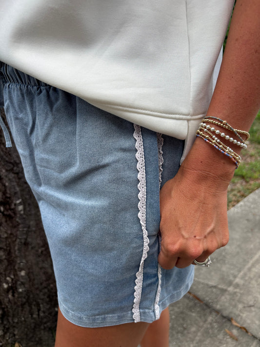 Cambridge Denim with Lace Detail Pull on Shorts