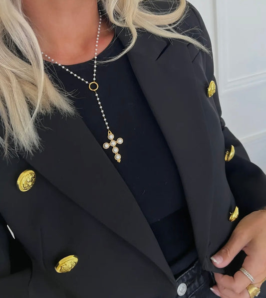 Pre-Order Lariat Pearl Cross Necklace