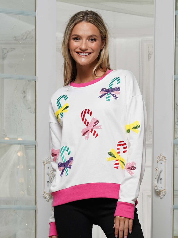 Sweet Christmas Sequin Candy Cane Pullover