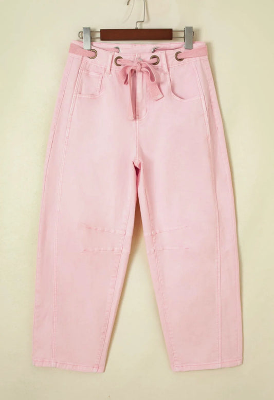 Pre-Order Pink Tie Waist Barrel Pants