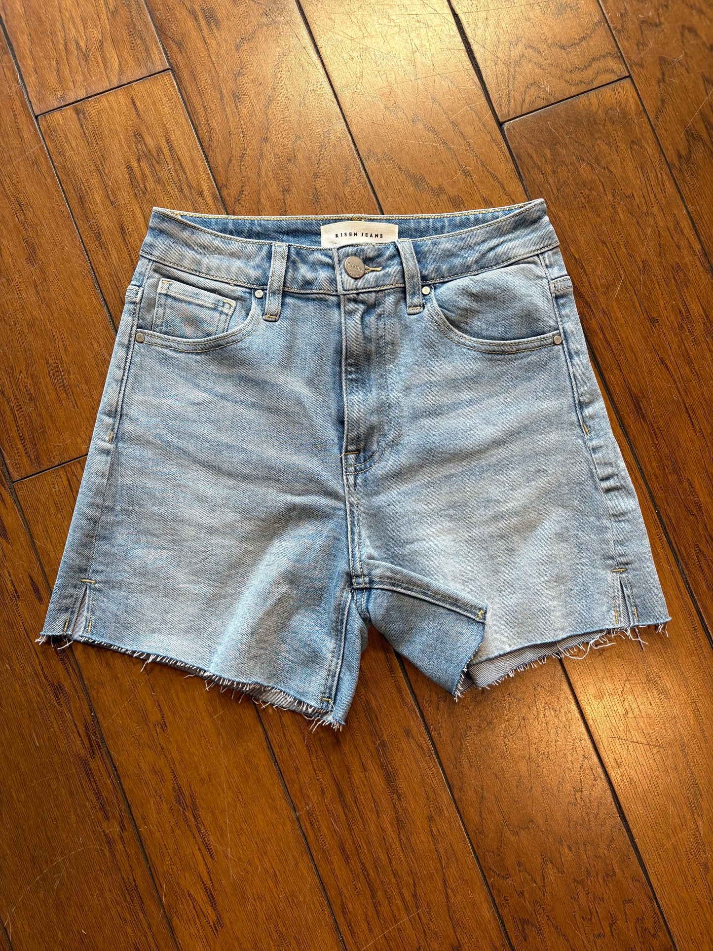 Risen High Rise Side Slit Denim Shorts