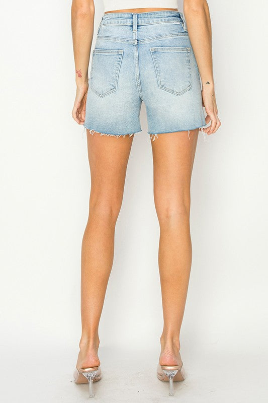 Risen High Rise Side Slit Denim Shorts